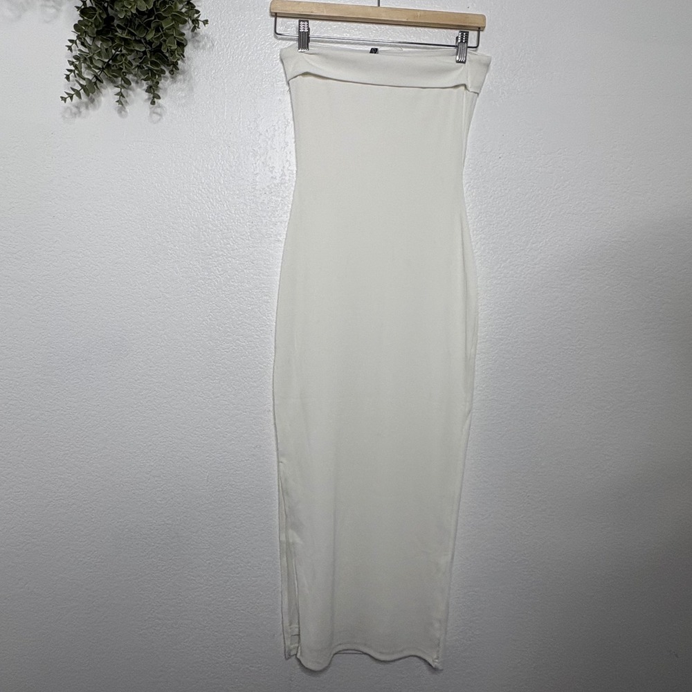 PrettyGarden White Strapless Ribbed Bodycon Midi Dress Side Slit XS - Picture 7 of 8